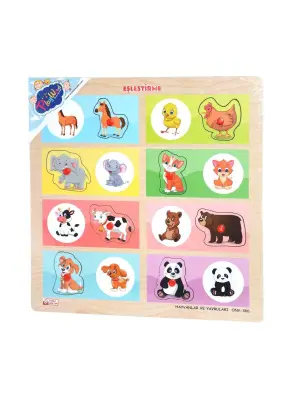 Omarı Ahşap Tutmalı Eşleştirme Oyunu - Hayvanlar ve Yavruları