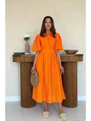 Oranj Pileli Balkon Elbise