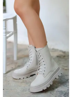 Bej Cilt Bağcıklı Bot Kadın Giyim