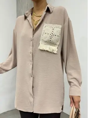 Örgü Cepli Düğmeli Ayrobin Gömlek -Açık Vizon