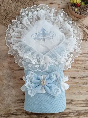 Eşsiz İncili Güpür Bebek Battaniyesi Mavi