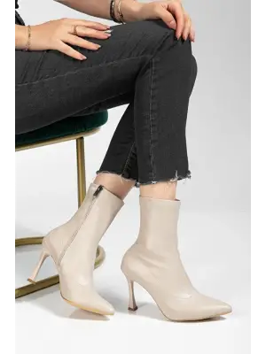 Bej Cilt Streç Topuklu Bot Kadın Ayakkabı