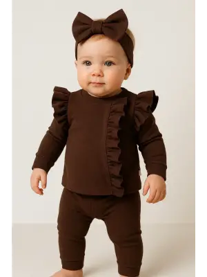 Orkide Büzgü Detaylı 3 Parça Kız Bebek Takımı %100 Pamuk