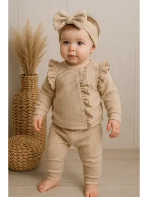 Orkide Desenli Fisto Detaylı 3 Parça Kız Bebek Takımı %100 Pamuk