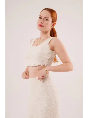 Omarı Örme Detaylı Krem Takım