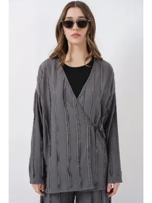 Örme Kimono Pantolon İkili Takım 30067 - Gri