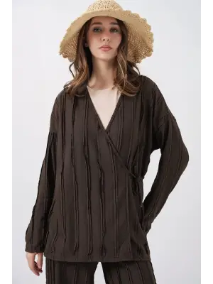 Örme Kimono Pantolon İkili Takım 30067 - Kahverengi