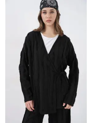 Örme Kimono Pantolon İkili Takım 30067 - Siyah