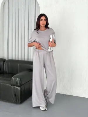 Osy Modal Yumuşak Dokulu Kumaş Bisiklet Yaka T-shirt  Bol Paça Pantalon Ikili Takım - Boyalı Gri