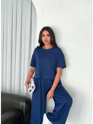 Osy Modal Yumuşak Dokulu Kumaş Bisiklet Yaka T-shirt Bol Paça Pantalon Ikili Takım -Saks Mavi