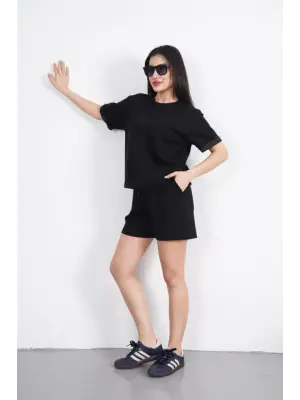 Osy Modal Yumuşak Dokulu Kumaş Bisiklet Yaka T-shirt Kısa Şort İkili Takım - Siyah