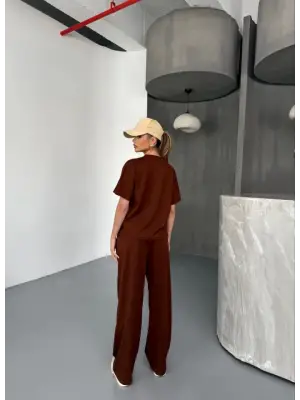 Omarı Modal Kumaş Yumuşak Dokulu Bluz ve Pantolon Takımı - Kahverengi