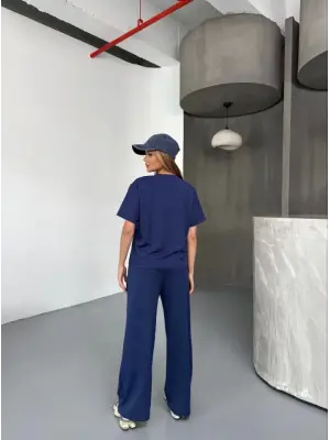 Osy Modal Yumuşak Dokulu Kumaş Kısa Kollu Bluz Rahat Pantalon Ikili Takım- Lacivert