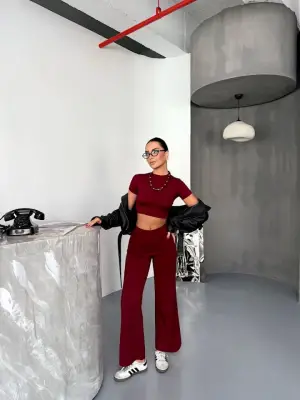 Bordo Kısa Kollu Crop Alt Ispanyol Paça Pantalon Kadın Giyim