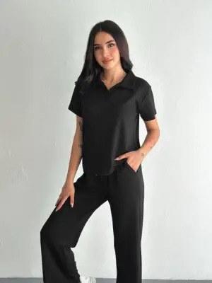 Osy Modal Yumuşak Dokulu Kumaş Kısa Kollu Yakalı T-shirt Pantalon Ikili Takım- Siyah
