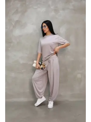 Osy Modal Yumuşak Dokulu Kumaş Oversize Bisiklet Yaka T-shirt Jogger Eşofman Altı Eşofman Takımı - Gri