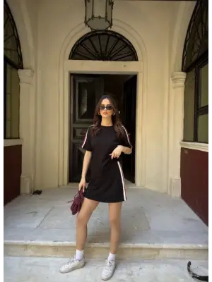 Osy Modal Yumuşak Dokulu Kumaş Parçalı Bisiklet Yaka T-shirt Mini Şortlu Etek İkili Takım - Siyah