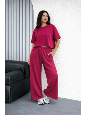 Osy Modal Yumuşak Dokulu Şalaş Oversize İkili Takım Bol Paça Pantolonlu Rahat Günlük Takım - Fuşya