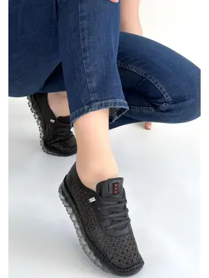 Otja Siyah Deri Lazerli Bağcıklı Spor Ayakkabı