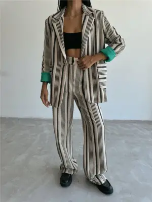 OTTOMAN ÇİZGİLİ CEKET-PANTOLON TK - Bej