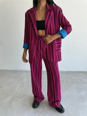 Şık Fuşya Çizgili Ceket Pantolon Takımı