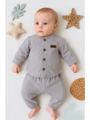 Oval Kesim 5 Düğmeli Müslin Kumaş 2li Erkek Bebek Takımı