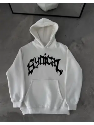 Omarı Oversize Kapşonlu Baskılı Sweatshirt - Beyaz