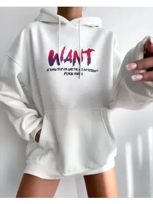 Omarı Rahat ve Şık Kapüşonlu Sweatshirt - Beyaz