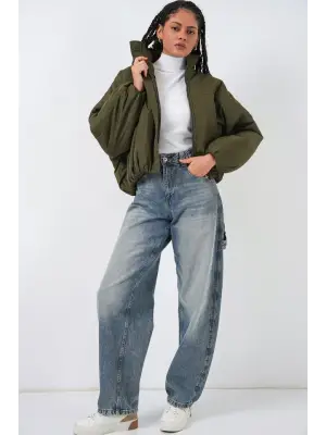 Haki Oversize Bomber Şişme Mont Kadın Giyim