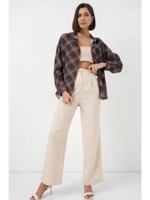 Oversize Desenli Gömlek 20372 - Kahverengi