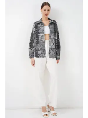 Oversize Desenli Saten Gömlek 20365 - Antrasit