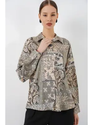 Oversize Desenli Saten Gömlek 20365 - Çağla