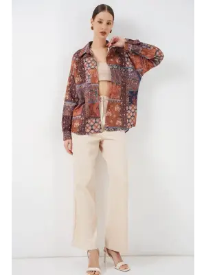 Oversize Desenli Saten Gömlek 20365 - Kiremit