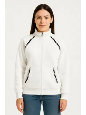 Oversize Dik Yaka Fermuarlı Sweatshirt - Zincir Nakışli Kanguru Cepli, - Beyaz