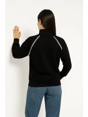 Oversize Dik Yaka Fermuarlı Sweatshirt - Zincir Nakışli Kanguru Cepli, - Siyah