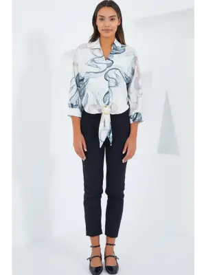 Oversize Dökümlü Crop Saten Gömlek 906 - İndigo