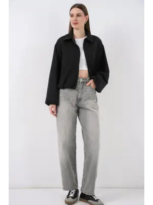 Siyah Oversize Fermuarlı Ceket Kadın Giyim