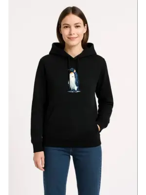Oversize Hoodie - Sırt Baskılı Survivor Penguin Temalı, Felsefi Yazılı Kapüşonlu Sweatshirt - Siyah