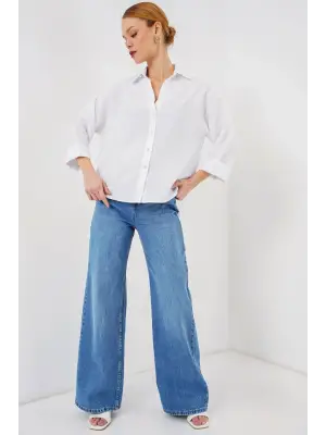 Oversize Kısa Kol Gömlek 20315 - Beyaz