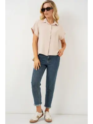 Oversize Kısa Kol Gömlek 20322 - Krem