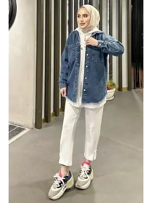 Omarı Kar Yıkama Detaylı Oversize Kot Ceket