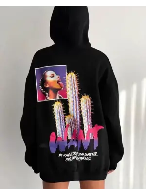 Omarı Oversize Siyah Kapüşonlu Sweatshirt