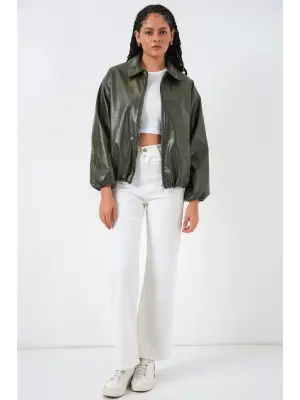 Oversize Suni Deri Ceket 1049 - Haki