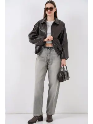 Oversize Suni Deri Ceket 1049 - Kahverengi