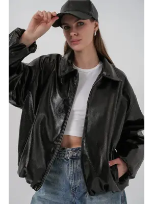 Oversize Suni Deri Ceket 1049 - Siyah