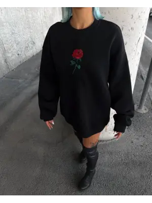 Omarı Oversize Bisiklet Yaka Baskılı Siyah SweatShirt