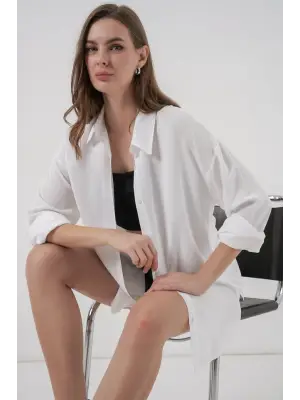 Oversize Viskon Gömlek 3785 - Beyaz