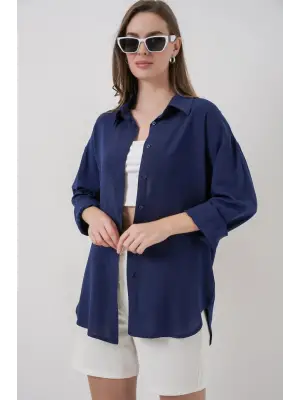 Oversize Viskon Gömlek 3785 - Lacivert