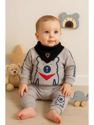 Oynar Gözlü Fularlı 3lü Erkek Bebek Takımı