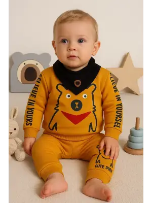 Oynar Gözlü Fularlı 3lü Erkek Bebek Takımı